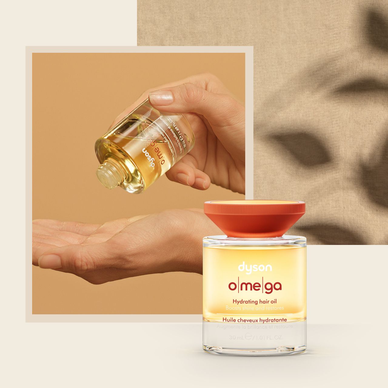Dyson Omega Hydrating hair oil is dispensed into the palm of a hand.