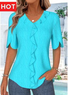 Cyan Ruffle Half Sleeve V Neck Blouse