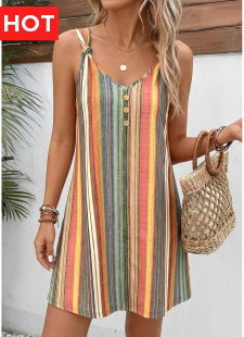 Multi Color Striped Short Twist Strappy V Neck Dress