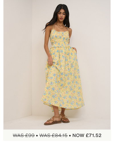 Butter Yellow Floral Shirred Waist Alina Midi Dress