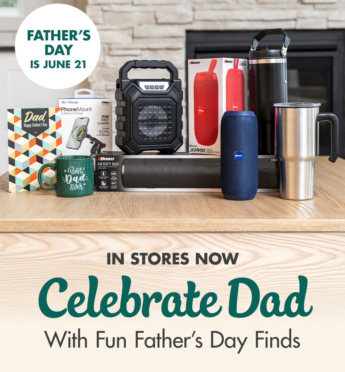 Celebrate Dad With Fun Father's Day Finds and an image of travel mugs, bluetooth speakers, a coffee mug, a phone holder, and a greeting card