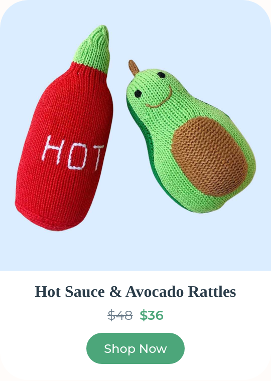 Hot Sauce & Avocado Rattles — playful hand-knit organic cotton rattles