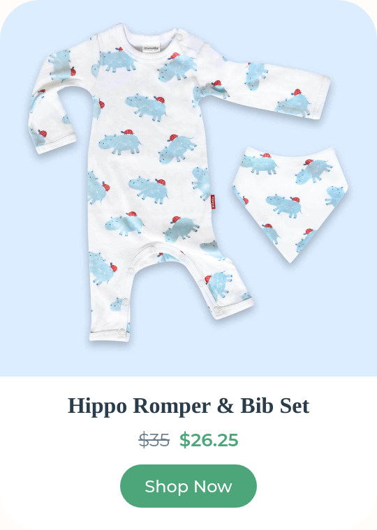 Hippo Long Sleeve Romper & Bib Set — adorable hippo-print organic romper and matching bib