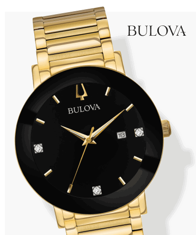 Bulova watch with black dial, diamond markers, and gold-tone bracelet.