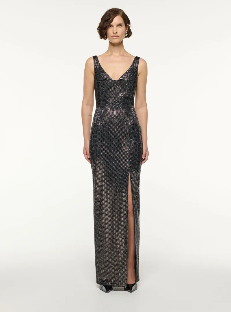 DRAPE NECKLINE DIAMANTE GOWN