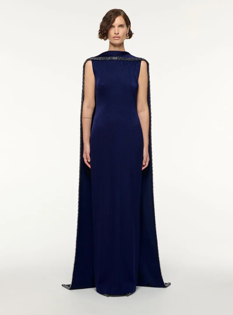 CRYSTAL TRIMMED CAPE GOWN