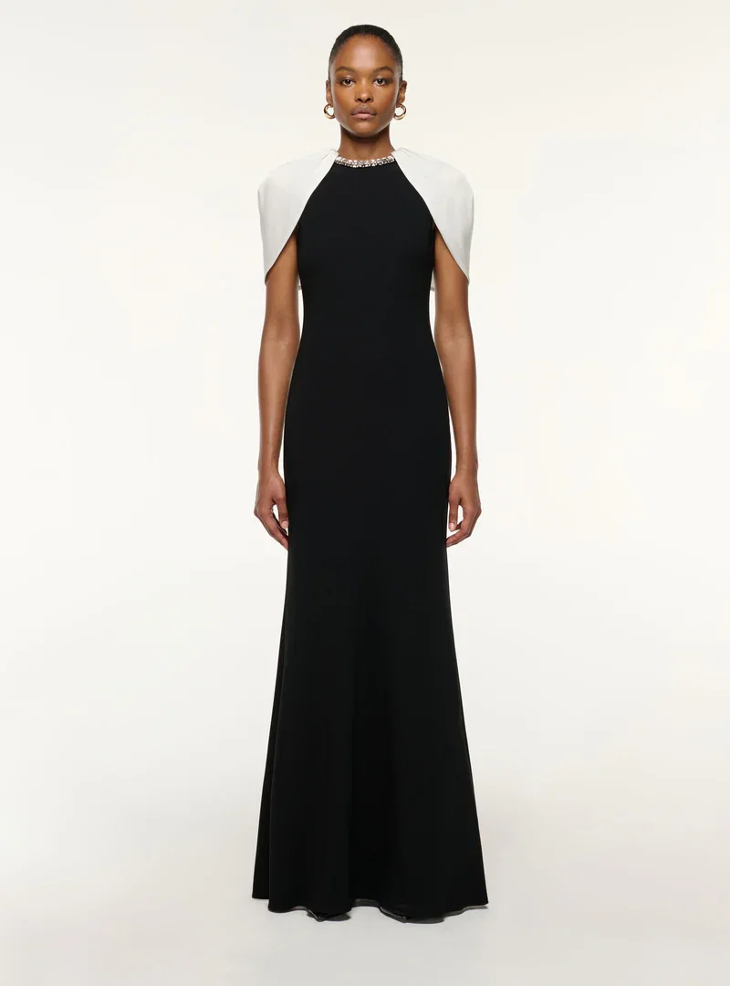 GATHERED SHAWL CRYSTAL TRIM NECKLINE GOWN