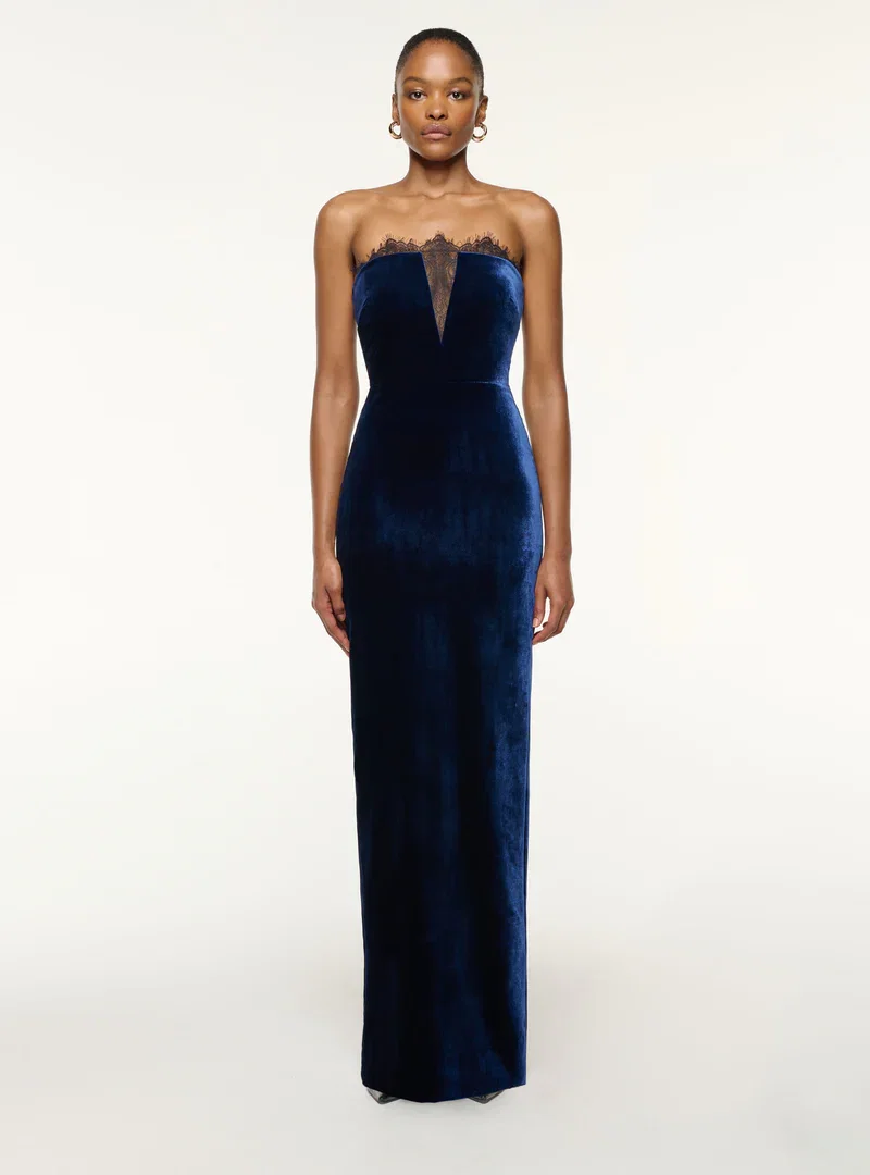 SCALLOP LACE INSERT VELVET COLUMN GOWN