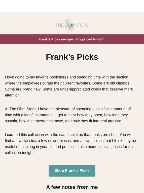 Frank's Picks (inspired by bookstores and video stores)
