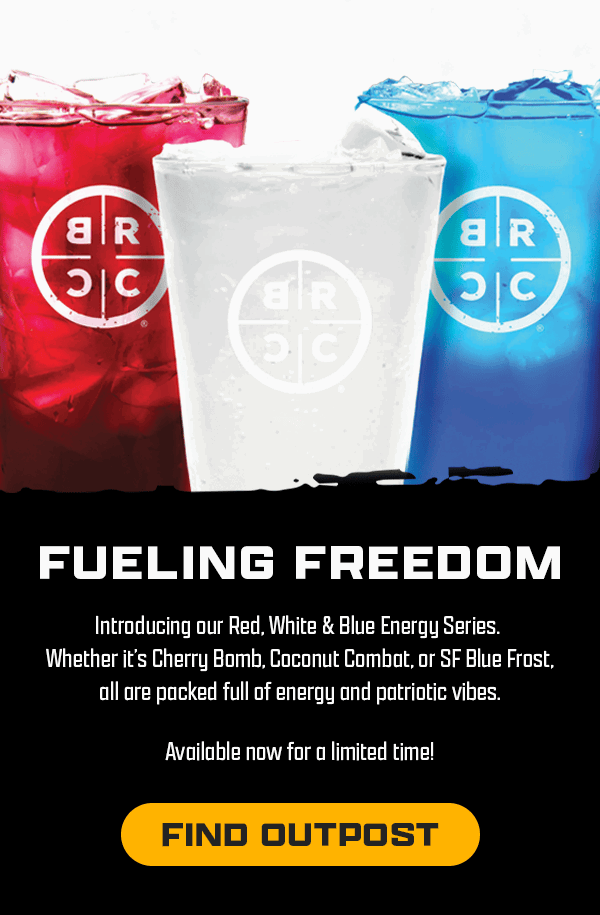 Fueling Freedom | Introducing our Red, White & Blue Energy Series. Whether it's Cherry Bomb, Coconut Combat, or SF Blue Frost, all are packed full of energy and patriotic vibes. | Available now for a limited time! | [ FIND OUTPOST ]