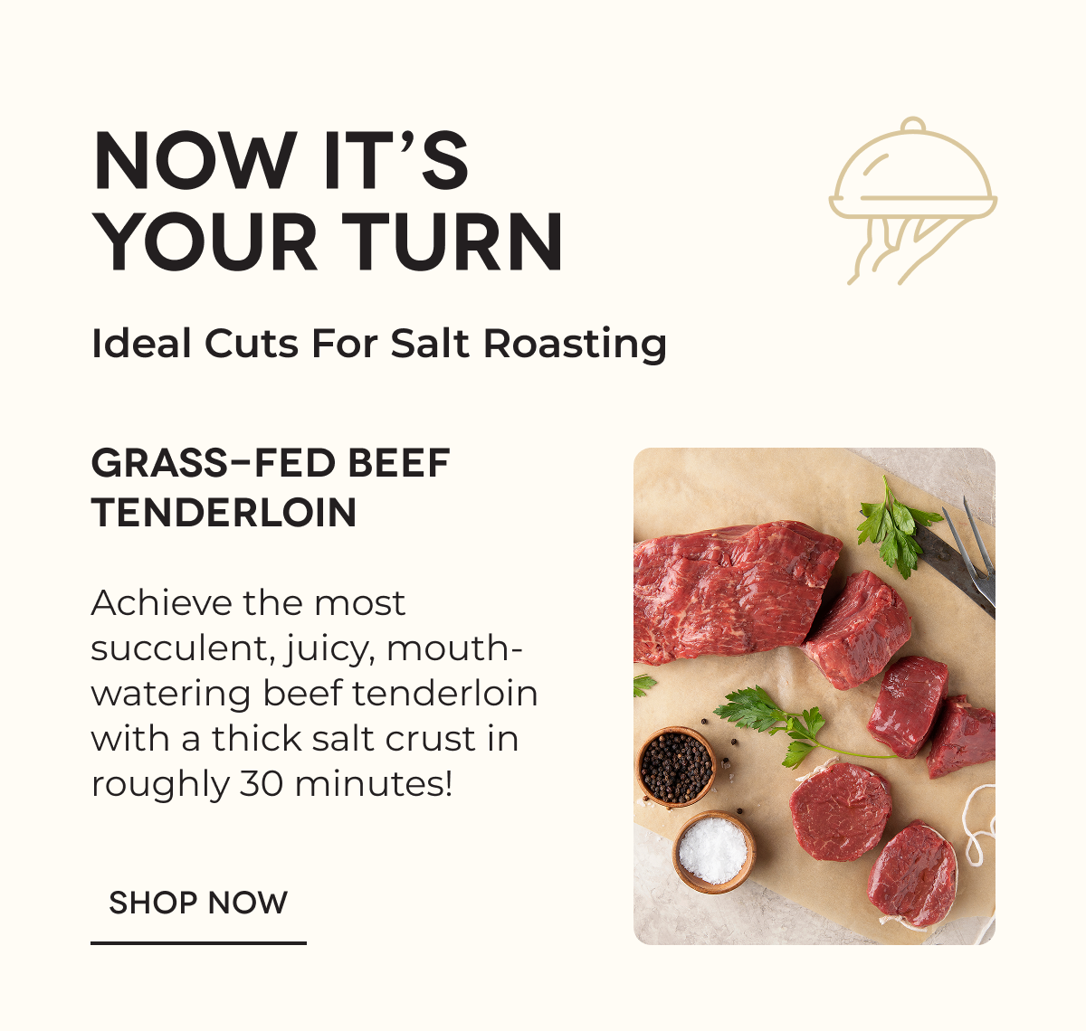 NOW IT’S YOUR TURN Ideal Cuts For Salt Roasting | Grass-Fed Beef Tenderloin Achieve the most succulent, juicy, mouth-watering beef tenderloin with a thick salt crust in roughly 30 minutes! SHOP NOW 