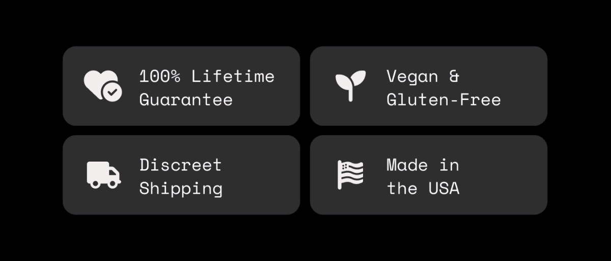 100% LIFETIME GUARANTEE DISCREET SHIPPING VEGAN & GLUTEN-FREE  MADE IN USA