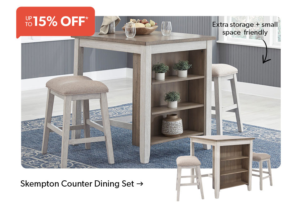 up to 15 percent off. Skempton Counter Dining Set. Click to shop. 