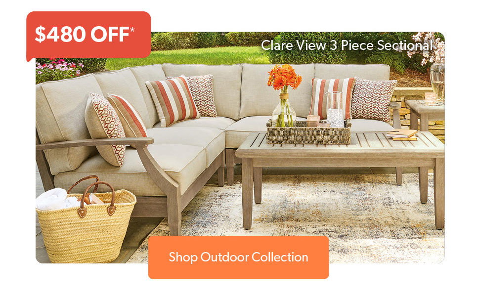 Featured Clare View 3 Piece Sectional. 480 dollars off. Click to shop the Outdoor COllection
