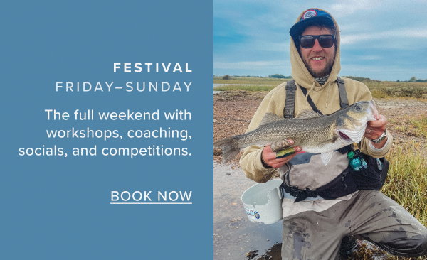 An angler kneeling in shallow water holding up their catch entry into the Festival competition. Book your Festival Ticket today and join us Friday to Sunday for a weekend with workshops, coaching and competitions.