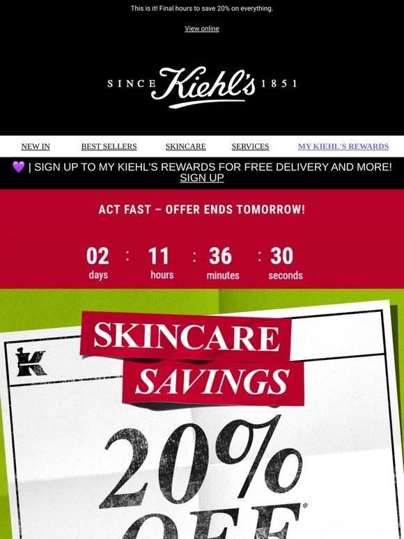 20% off Kiehl’s ends soon