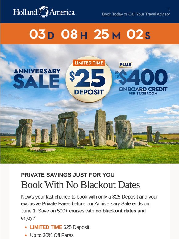 Last Chance: $25 Deposit + 30% off Cruise Fares