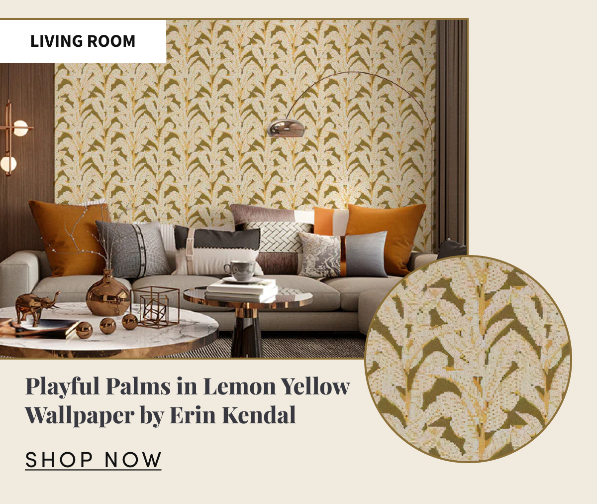 Living Room. Playful Palms in Lemon Yellow Wallpaper by Erin Kendal. Shop Now.