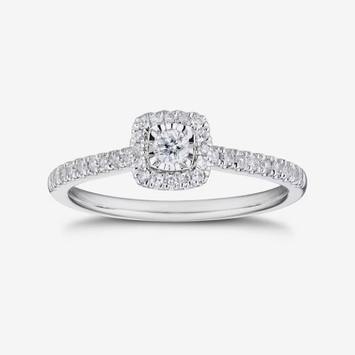 9ct White Gold Illusion Set Cushion Shaped Halo 0.25ct Diamond Ring