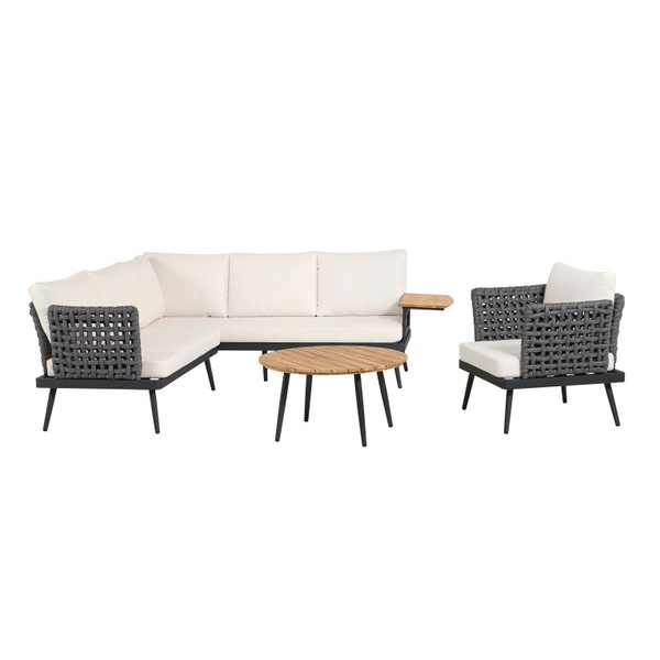 13tlg. Gartenmöbel Lounge-Set mit Sofa & Coffee Table aus Rope - Grau mit Teakholz