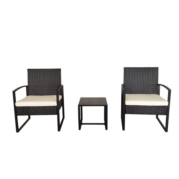 3tlg. Casual-Set Balkonset Sitzgruppe schwarzes Rattan mit Sitzkissen in beige