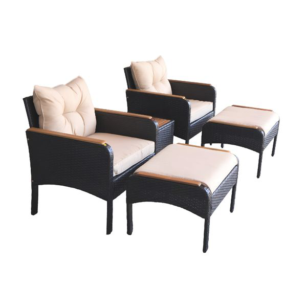 Gartenmöbelset Rattan-Möbelset Gartenstuhl mit Hocker 5tlg. mit Armlehne aus Akazienholz - beige