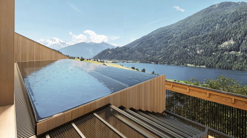 infinity pool mit blick auf den Reschensee