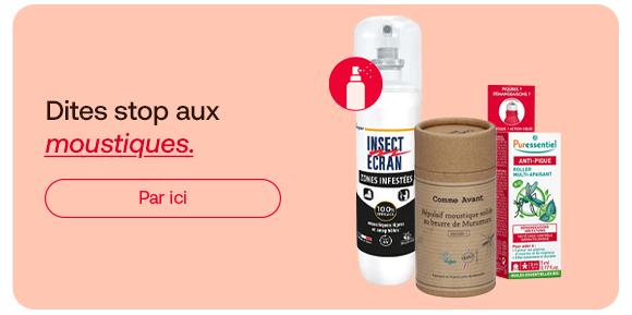 Bannière présentant des produits anti-moustiques: spray, bougie et traitement répulsif sur fond clair. Le message «Dites stop aux moustiques» invite à se protéger efficacement contre les moustiques. Découvrez des solutions adaptées dès maintenant.
