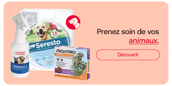 Bannière présentant des produits de soin et de protection pour chiens et chats: traitement anti-puces et tiques ainsi que spray de soin sur fond clair. Le message «Prenez soin de vos animaux» invite à prendre soin du bien-être des animaux au quotidien.