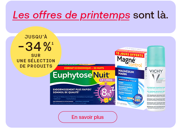Bannière mettant en avant des offres de printemps sur des produits bien-être et santé: complément alimentaire, aide au sommeil et déodorant sur fond violet. L’annonce jusqu’à 34 % de réduction invite à découvrir des offres avantageuses pour le quotidien.