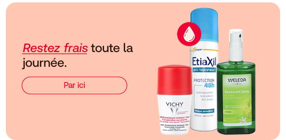 Bannière présentant des produits déodorants et fraîcheur pour toute la journée: roll-on, anti-transpirant et spray déodorant sur fond clair. Le message «Restez frais toute la journée» évoque une sensation de fraîcheur durable et une protection au quotidien.