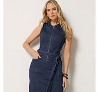 Mid Blue Zip Front Denim Midi Dress