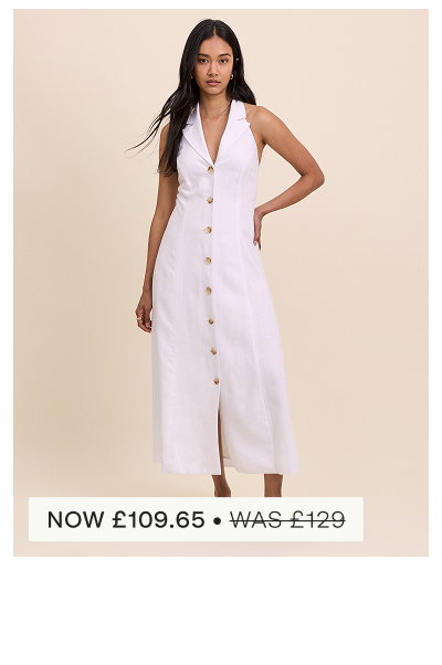 White Linen-Blend Halterneck Tailored Midi Dress