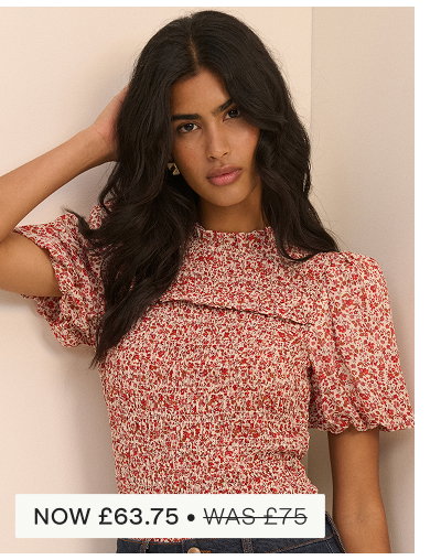 Red Floral Puff Sleeve Shirred Nicola Top