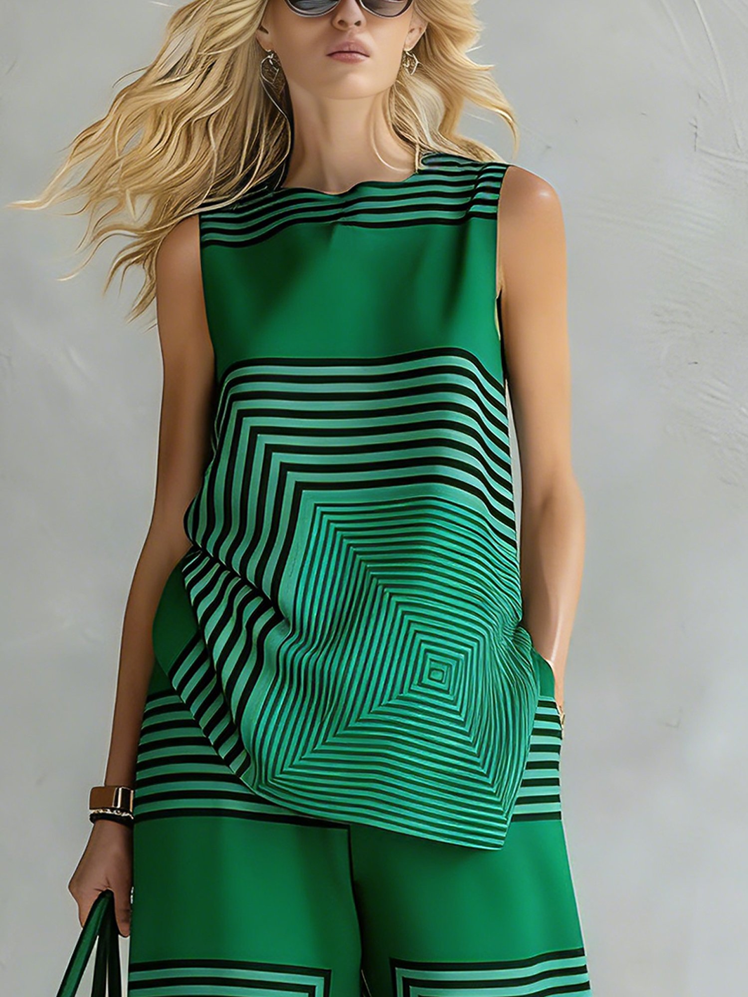 Image of Urban Geometric Stripe Sleeveless Top Loose Fit Lightweight Daily
