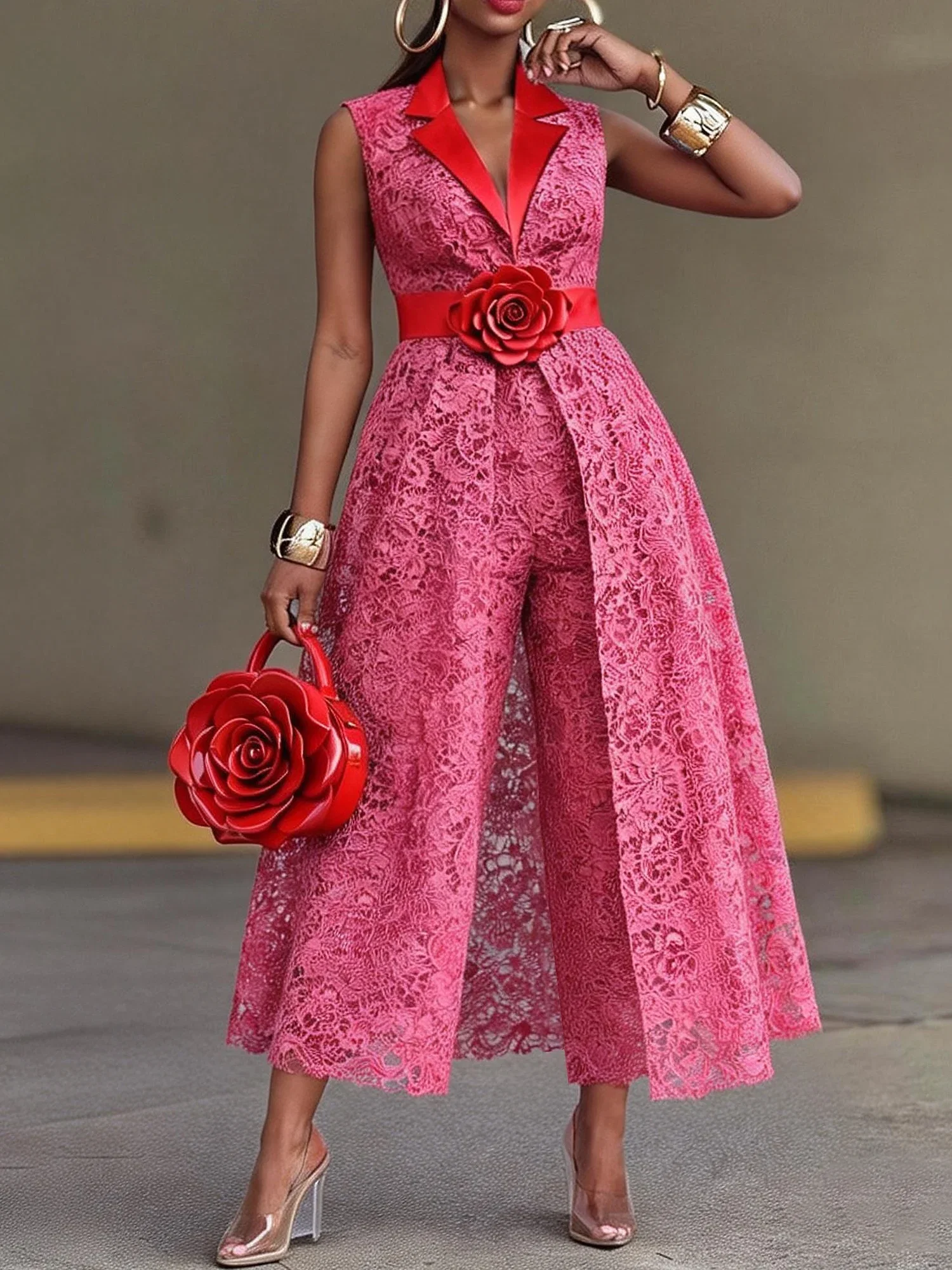 Image of Elegant Plain Lapel Collar Vest With 3D Floral Belt