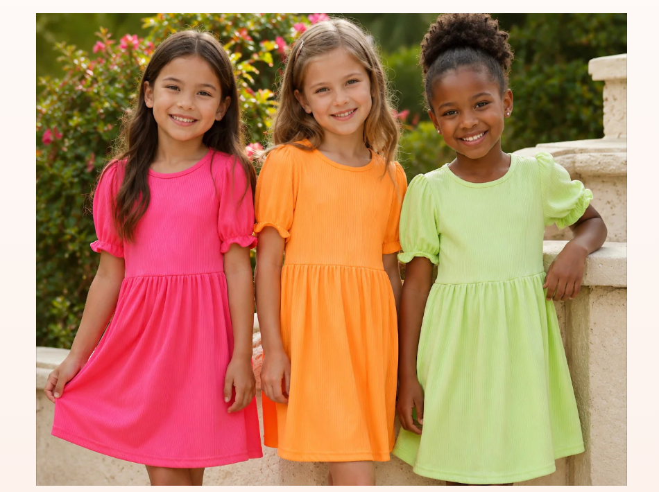 Three smiling girls stand outdoors in front of colorful flowering bushes and a stone railing, modeling bright ribbed casual dresses. One wears a hot pink dress, one wears a vibrant orange dress, and one wears a light lime green dress. Each dress features short puff sleeves and a relaxed, twirl-friendly silhouette, perfect for everyday wear.