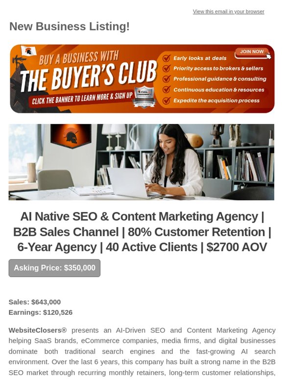 New Deal Alert: AI Native SEO & Content Marketing Agency | B2B Sales Channel | 80% Customer Retention | 6-Year Agency | 40 Active Clients | $2700 AOV