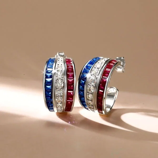 Italo Triple Row Blue Sapphire Ruby Hoop Earring For Women