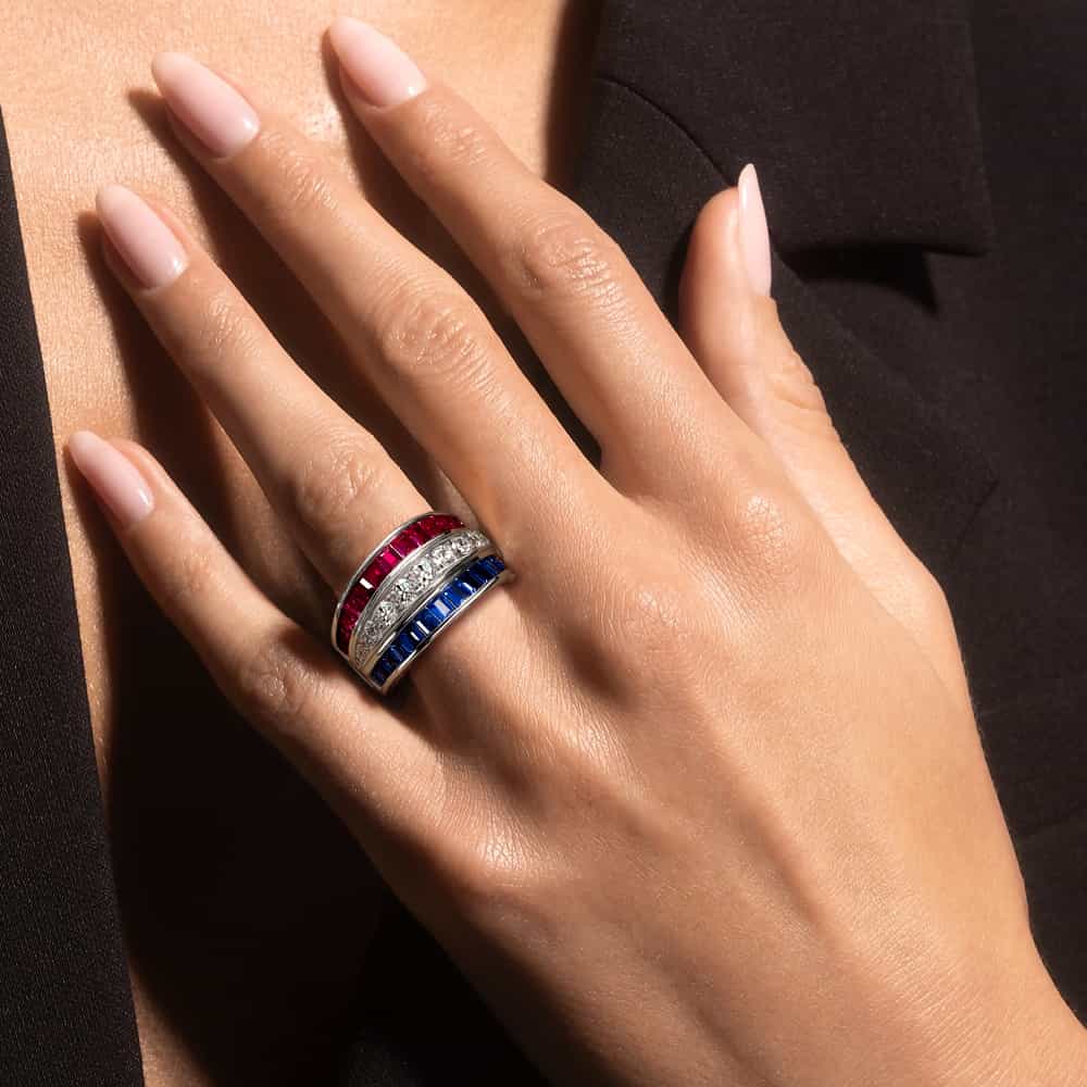 Italo Triple Row Blue Sapphire Wedding Band Ruby Ring