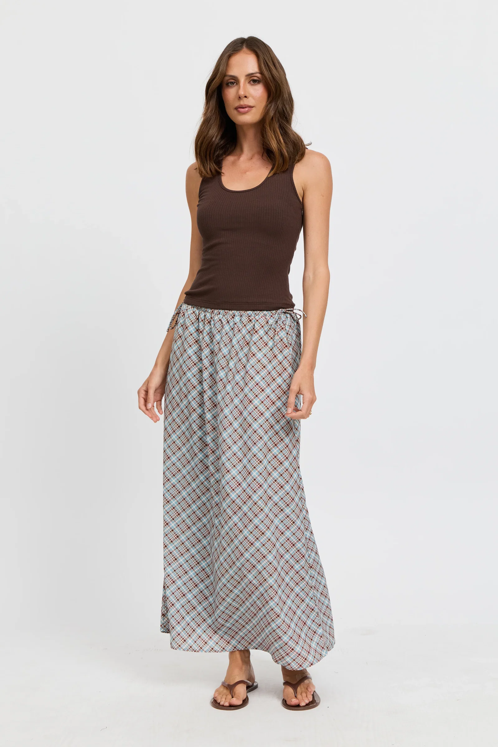 Image of Savannah Check Drawstring Midi Skirt - Blue Multi