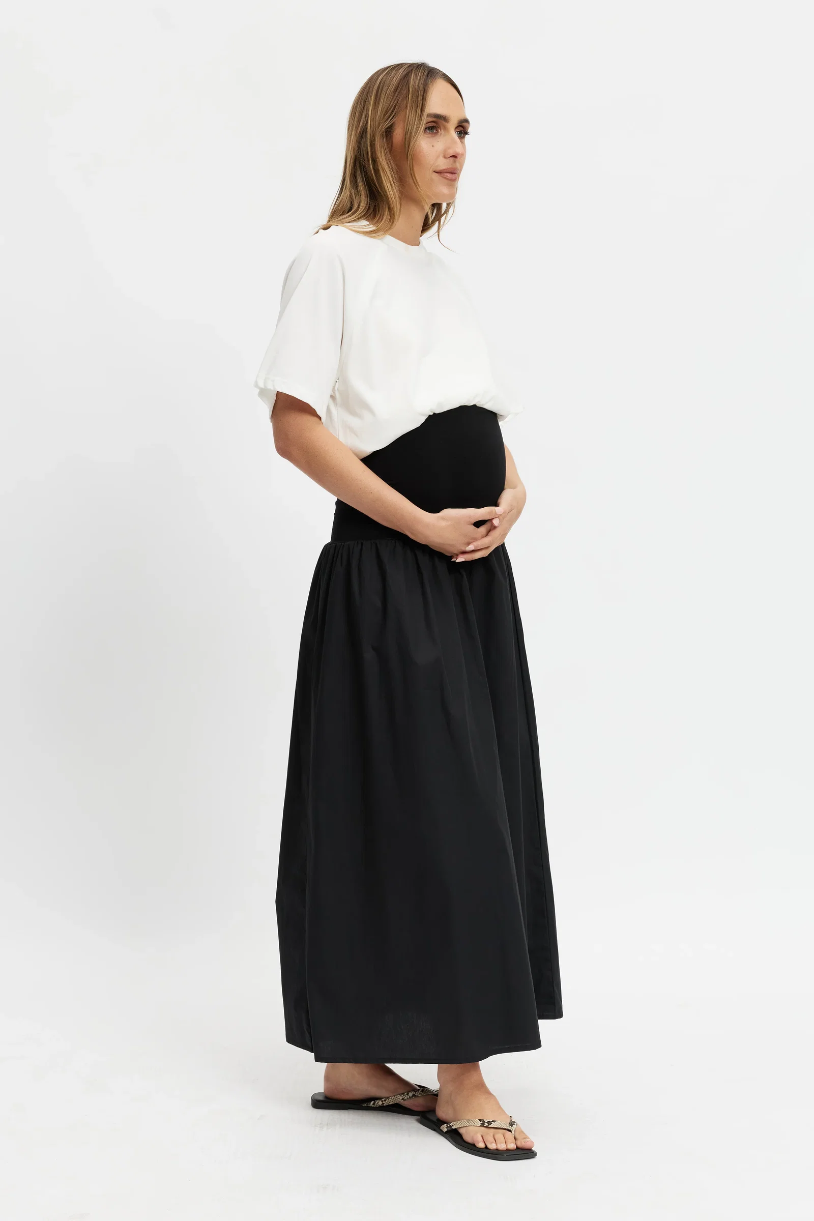 Image of Emmy Drop-Waist Jersey Poplin Midi Skirt - Black