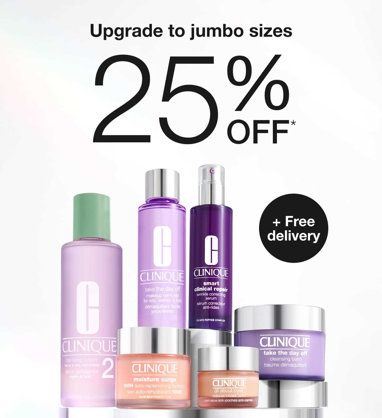 Selection of Clinique Jumbo size skincare and makeup products, on silver podiums in bright studio lighting