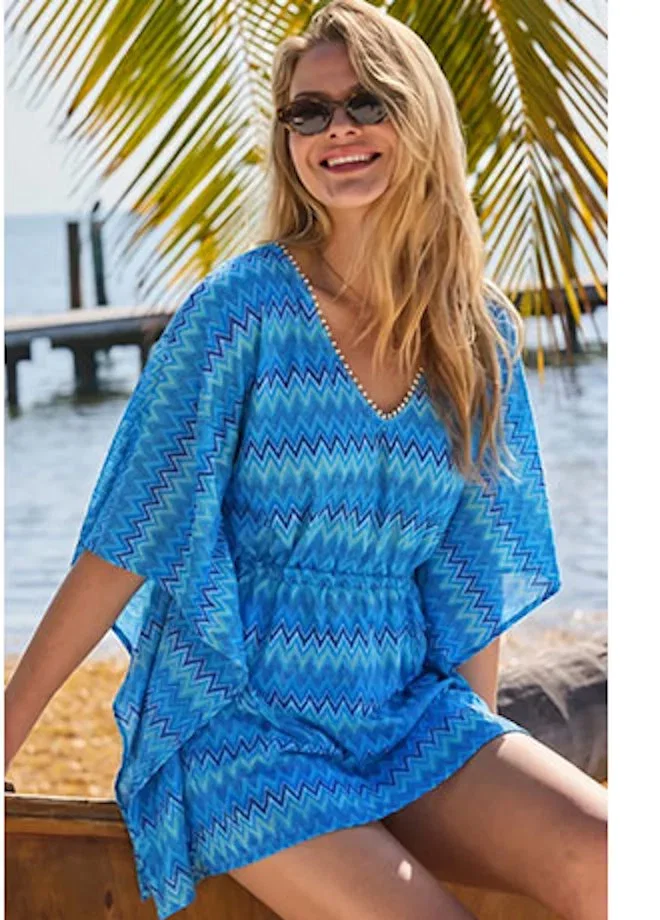 Blue Chevron Print Kaftan With Pom Pom Trim