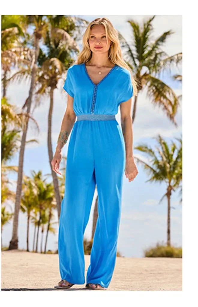 Azure Blue Metallic Shirred Waist V Neck Jumpsuit