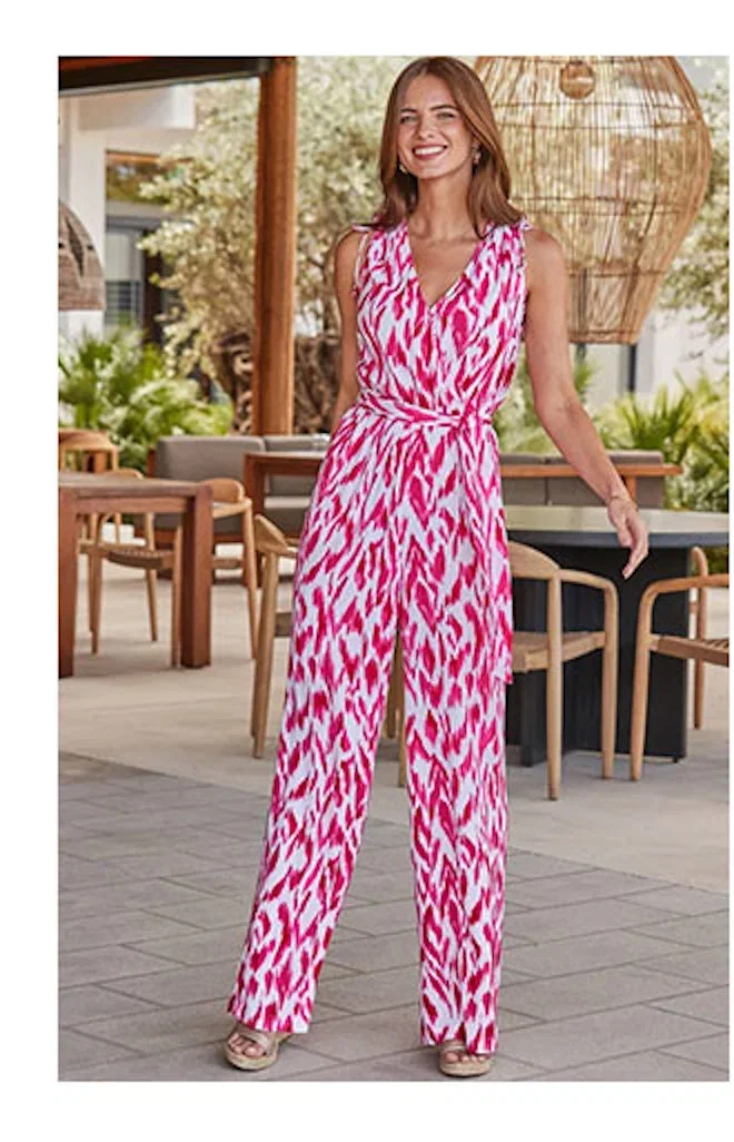 Pink Paradise Print Tie Waist Crinkle Jumpsuit