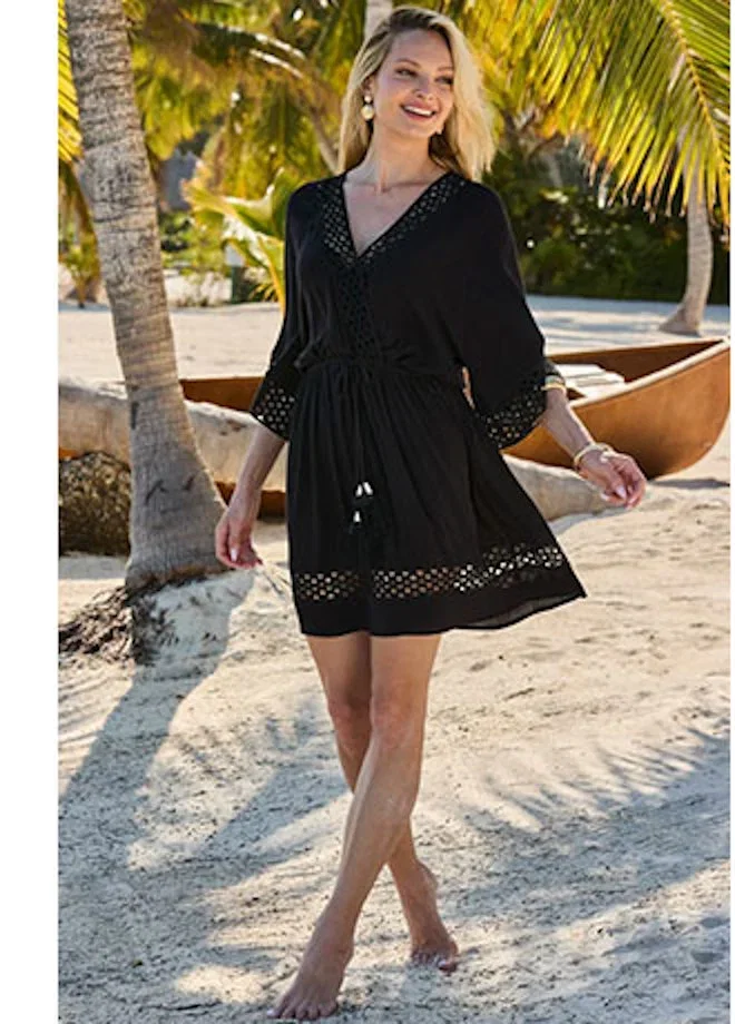 Black Lace Insert Tie Detail Crinkle Kaftan