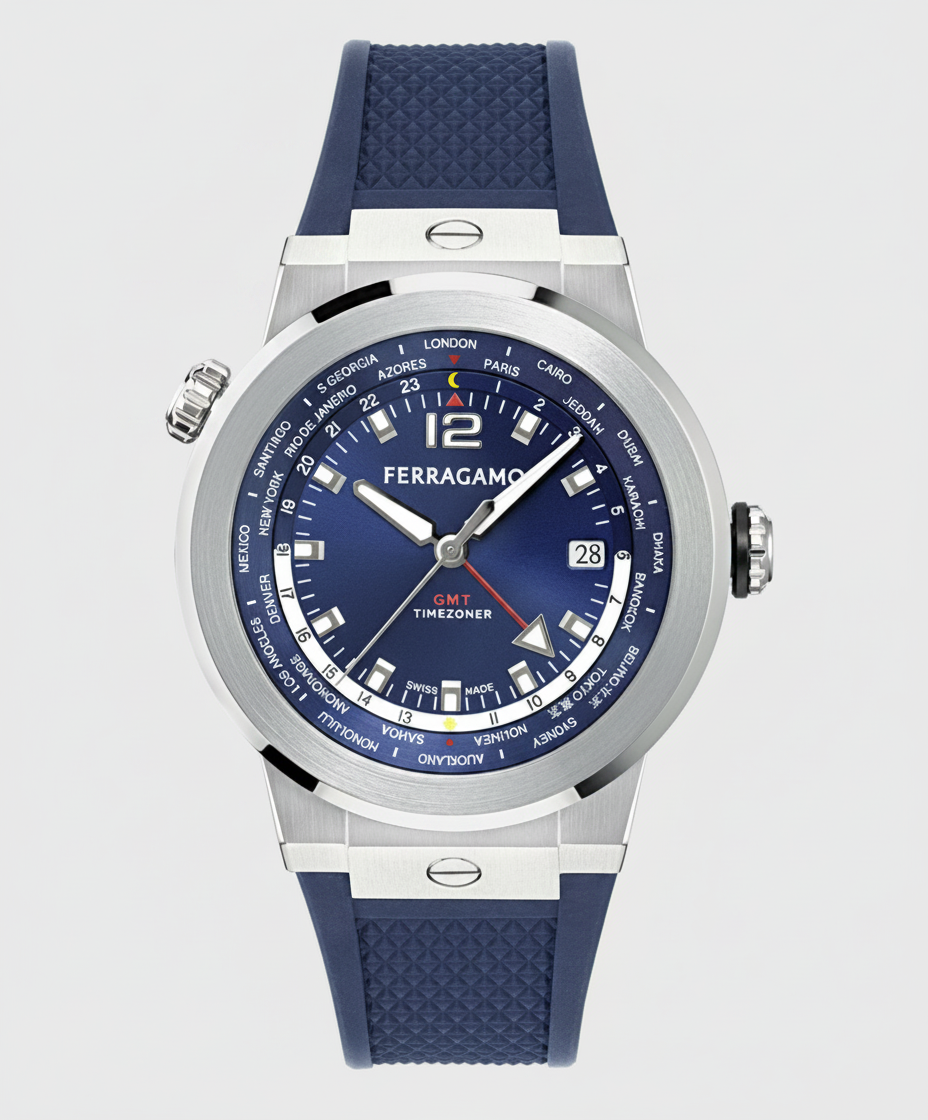 A blue Ferragamo GMT Timezoner watch with a stainless steel case and blue rubber strap.