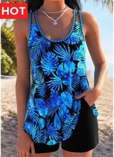 Tummy Coverage Blue Tropical Plants Print Tankini Set