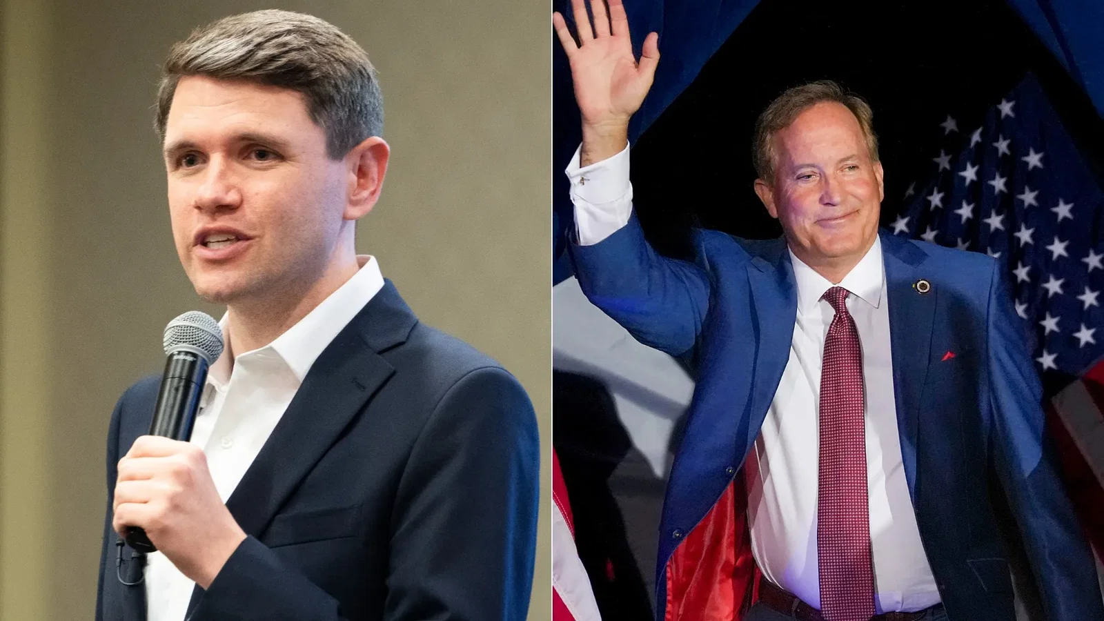 Split image: left shows a man in a dark suit speaking into a handheld microphone; right shows a man in a blue suit waving, with an American flag backdrop.